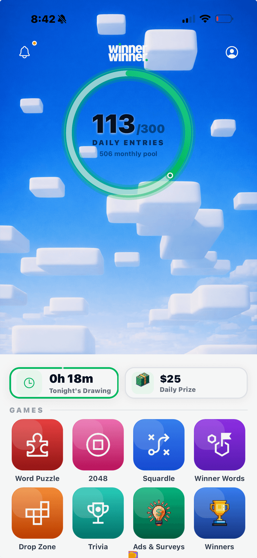 App home screen showing entries and countdown