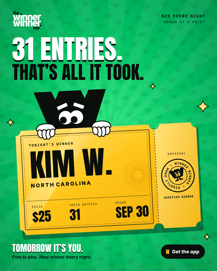 Winner card: Kim W. of North Carolina won $25 on September 30 with 31 entries