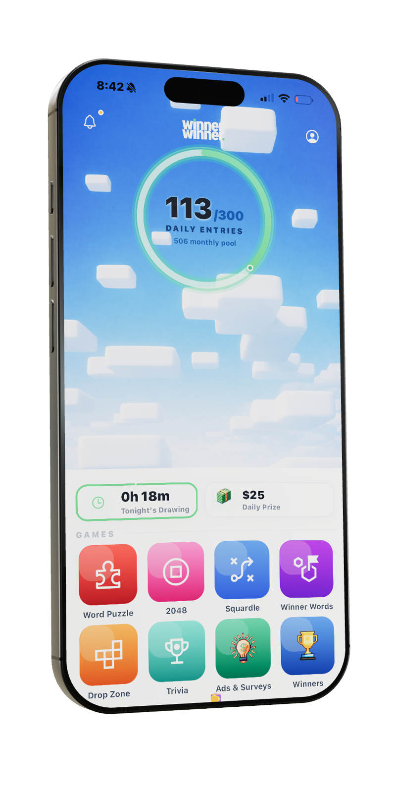 WinnerWinner dashboard showing daily entries and games, on a rotating phone